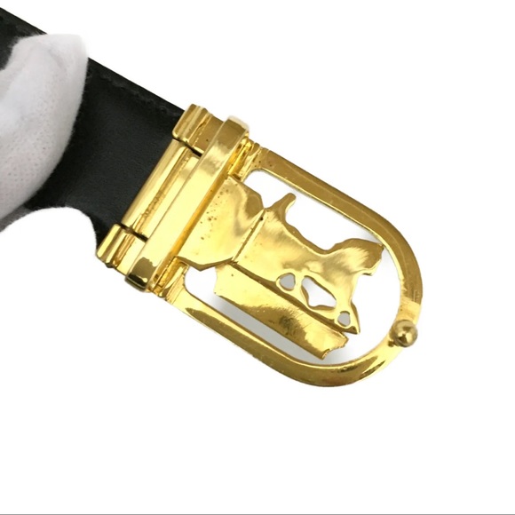 AUTH CELINE Horse Carriage Gold Black Leather 68cm Womens Belt - Picture 6 of 7